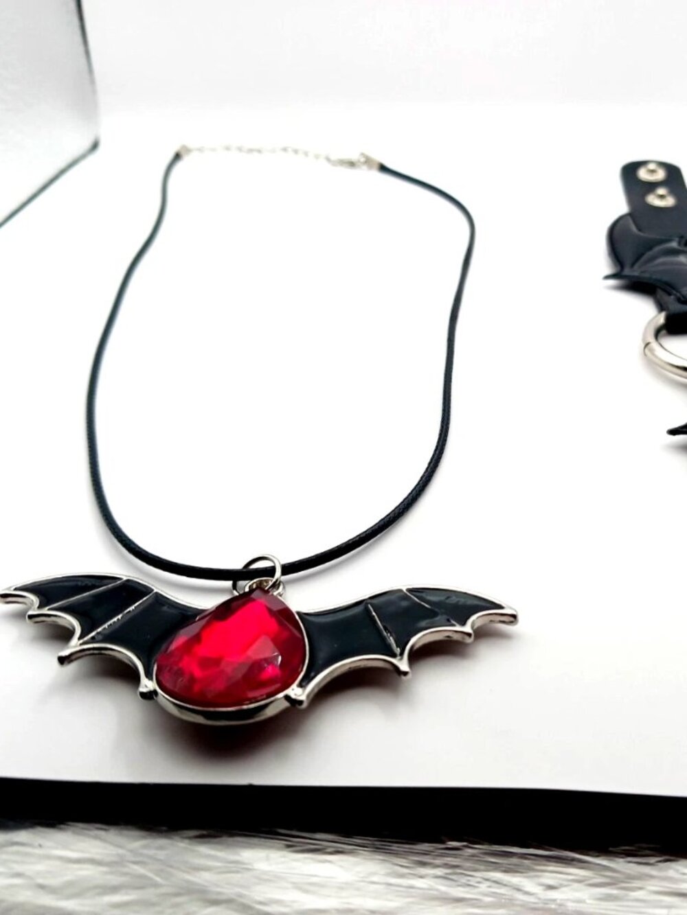 Bat Necklace With Red Stone + Double Winged Vegan Leather-Black Bracelet